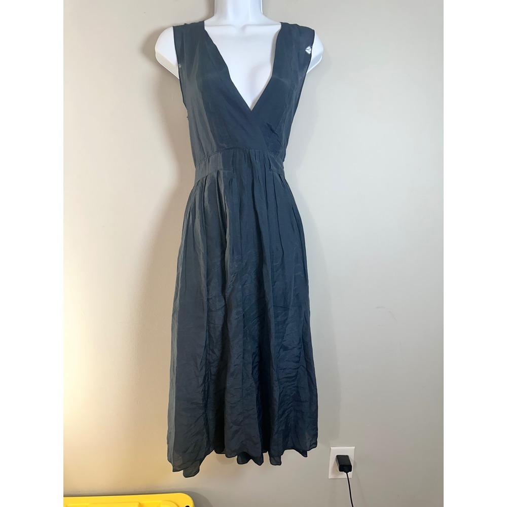 CP Shades Women Dark Gray Cotton Silk V-Neck Midi Dress Sleeveless Size XS READ